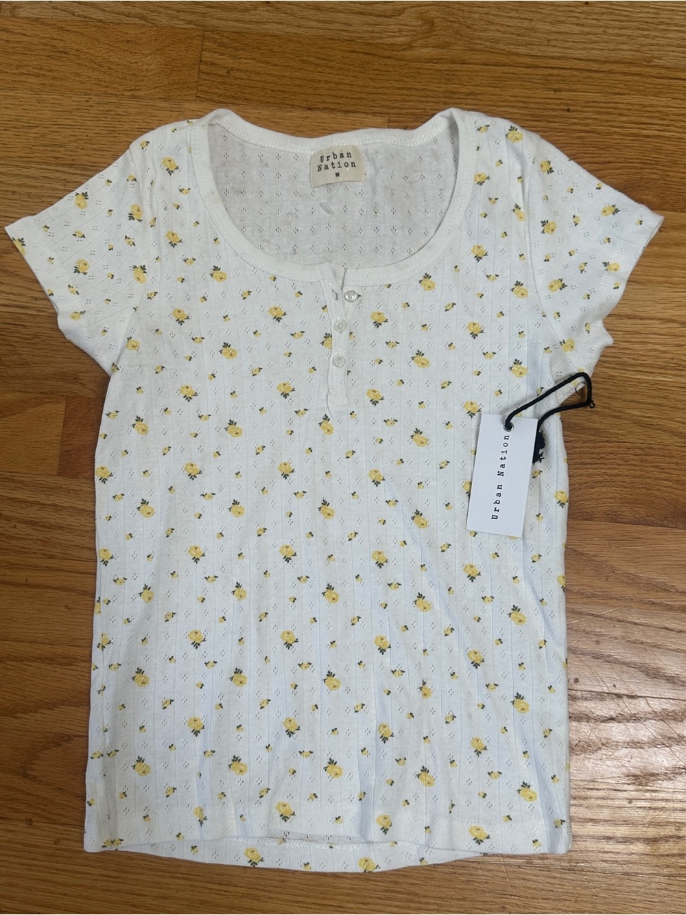 Urban Station White Short-Sleeve Henley Tee with Yellow Floral Print